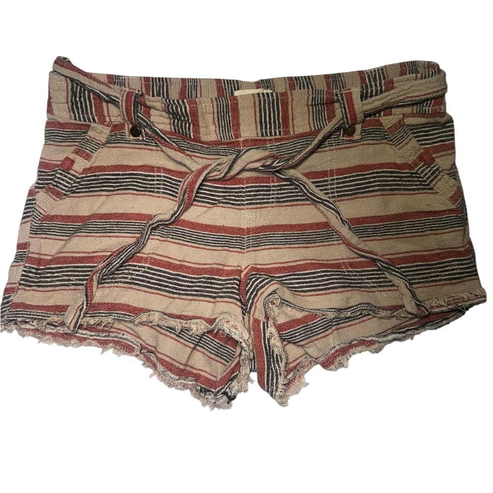 Jolt Striped Red and Beige Tie-Waist Jean Shorts